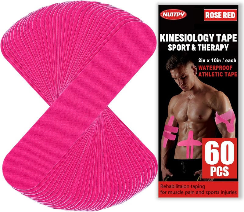 NUITPY 60PCS Precut Kinesiology Tape Strips, 2 inch x 10 inch Athletic Tape, Kinetic Tape, Elastic Muscle Tape, Sports Tape, Knee Tape for Exercise and Daily Use - Rose Red - Image 1